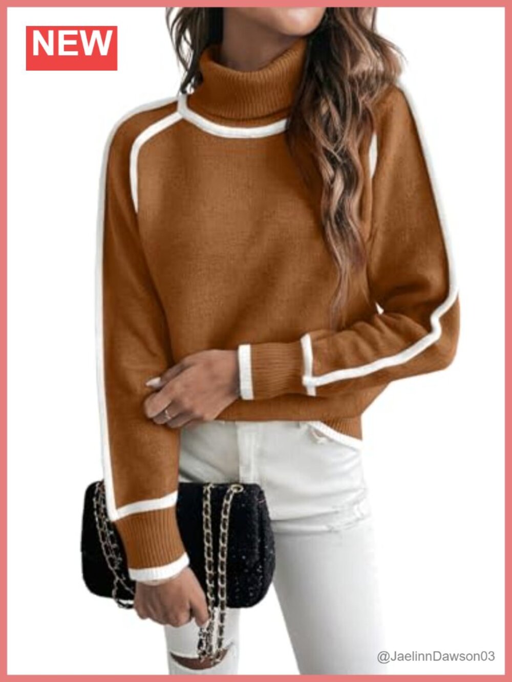 Turtleneck Sweater Women Loose Fit Color Block Knit Pullover